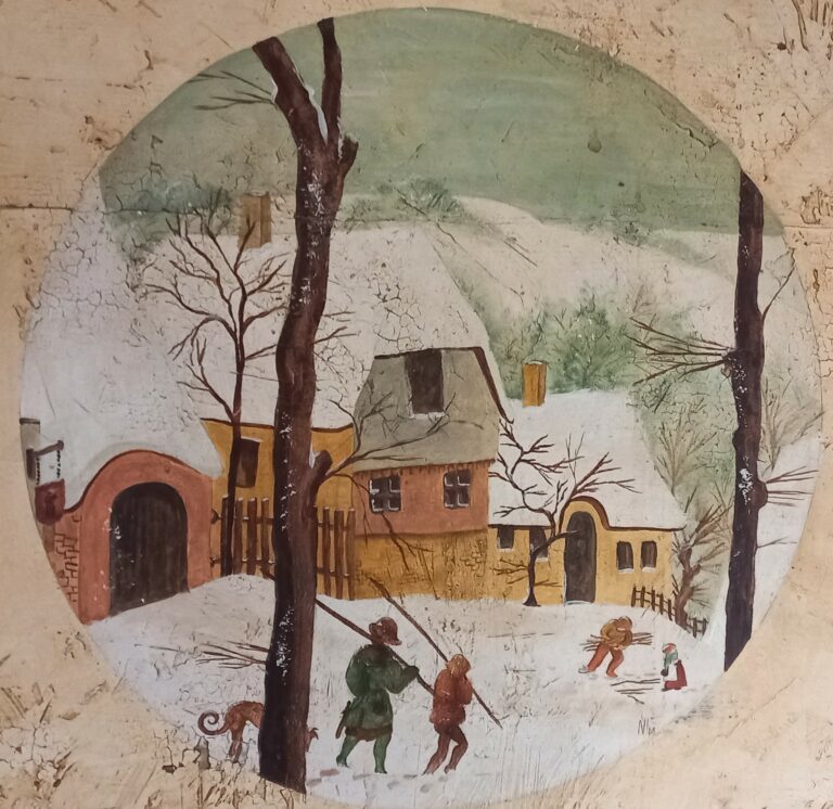 Panneaux sur enduit gras et bois. Retour de chasse, détail inspiré de Brueghel.