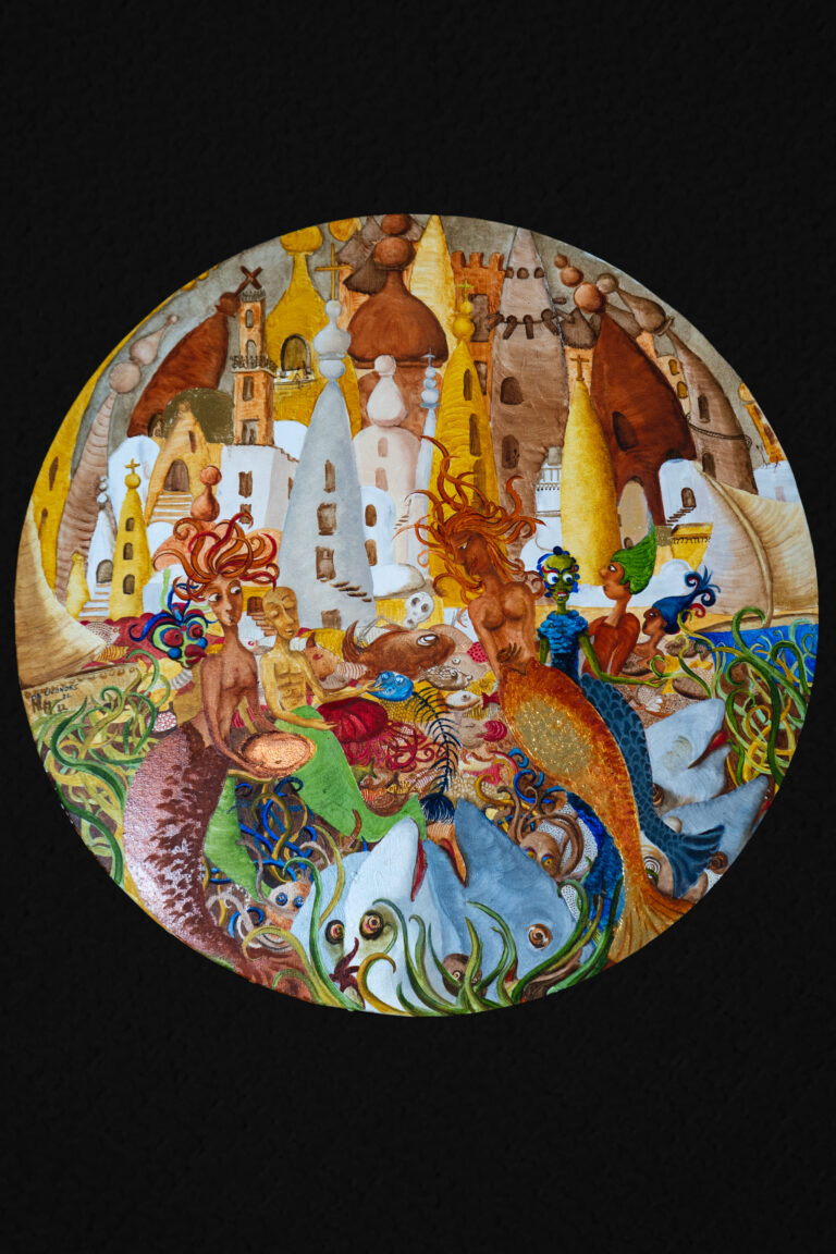 Tondo Sirènes et baleine. Huile sur toile 90cm, 2022