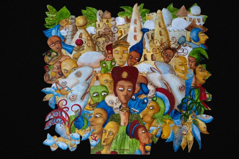Grappe de personnages et serpent sur une tête. huile sur panneaux de bois coupé en "dentelles" 57x65 2023