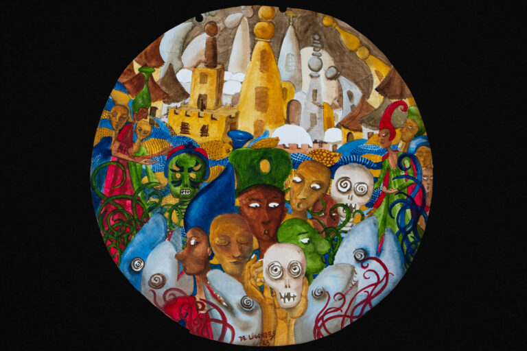 Tondo Baleines et vanités. Huile sur aggloméré de bambous. 41cm, 2023