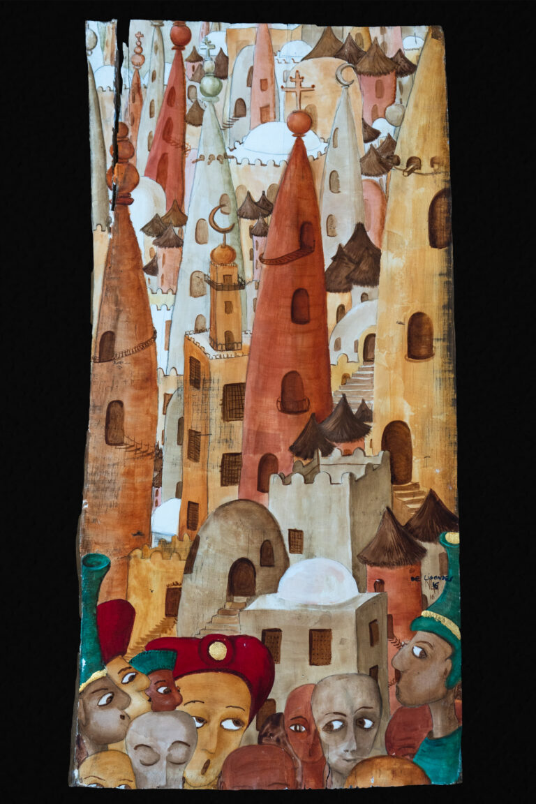 Tumulte de tumulus en pays Dogon. Huile sur bois, 76x36. 2011.