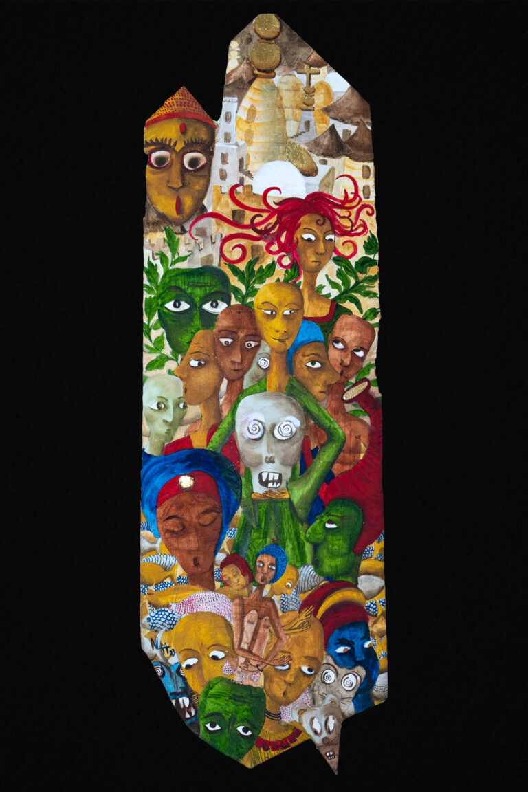 Cheveux rouges et vanité. Totem huile sur bois 81x26 2022