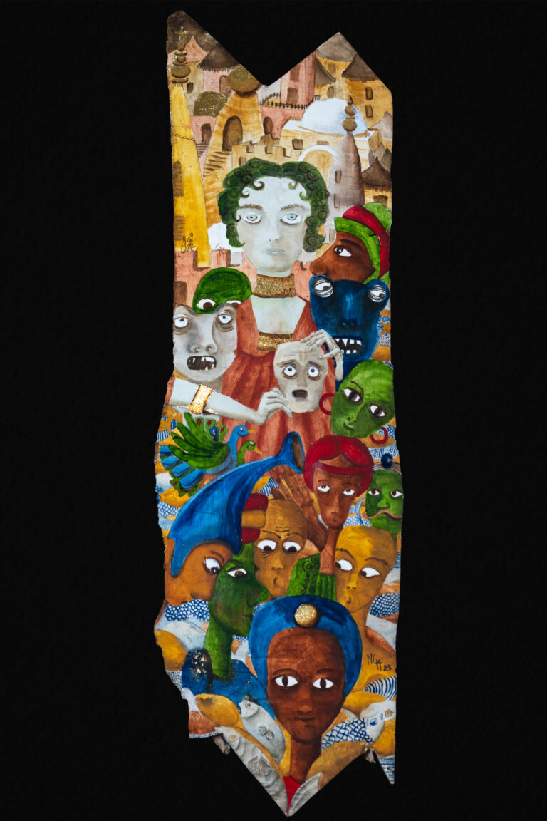 Laquelle des deux a la plus mauvaise mine? Totem, huile sur bois 86x25 2023