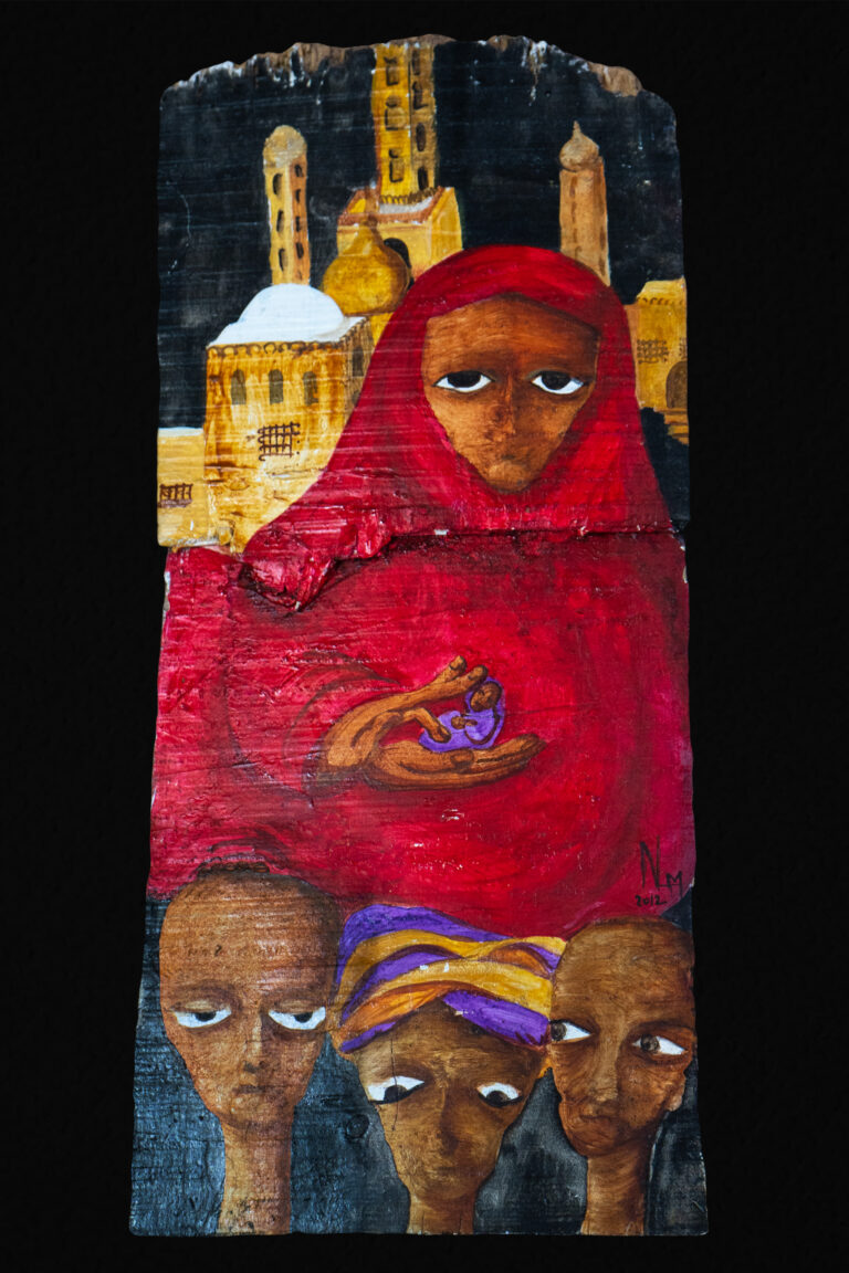 Maternité assise sur des penseurs. Huile sur vieux bois. 46x20.