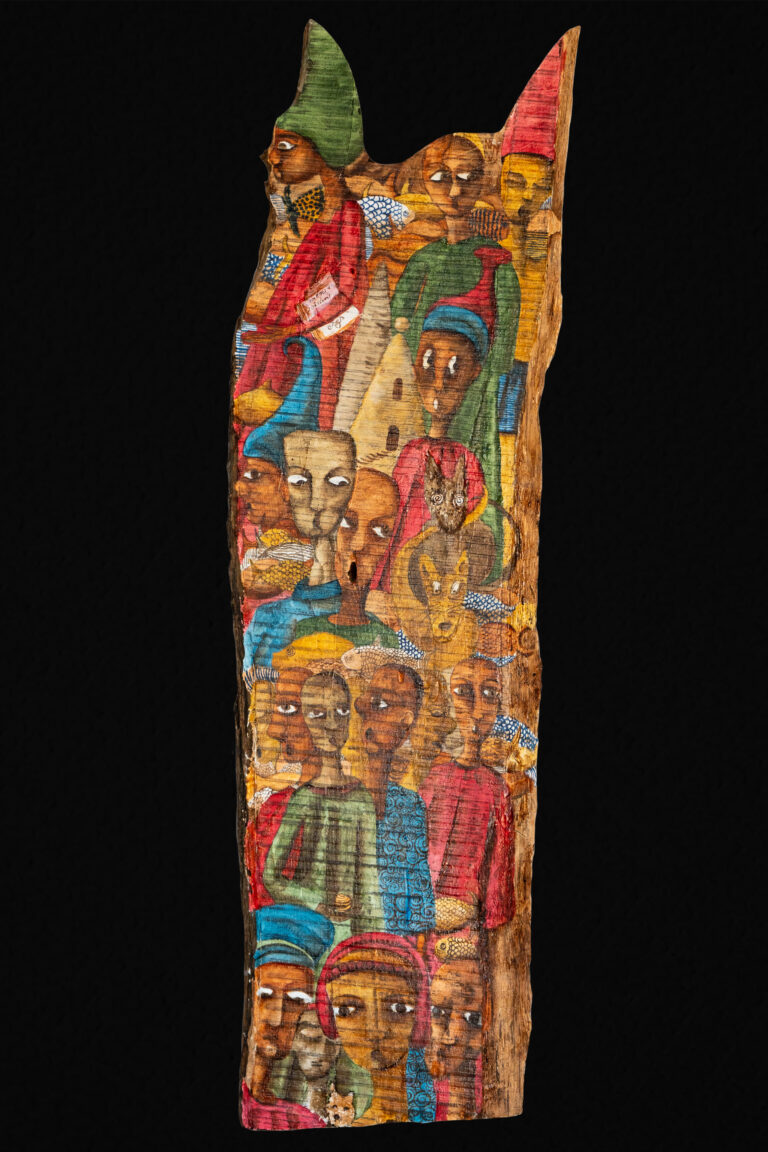 Un chanteur, un chien et 2 chapeaux. Huile sur bois :Totem