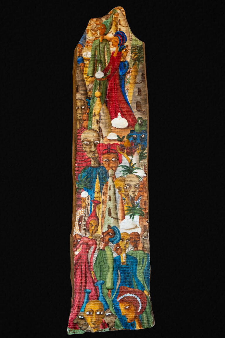 Bal de Saltimbanques sous un palmier. Totem huile sur bois 115x27 2020